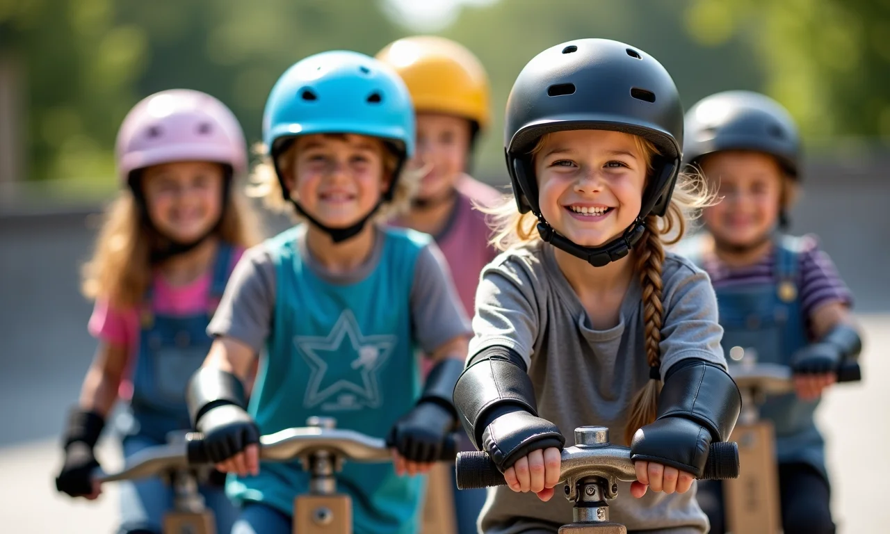Skatistas diversos usando equipamentos de proteção essenciais.