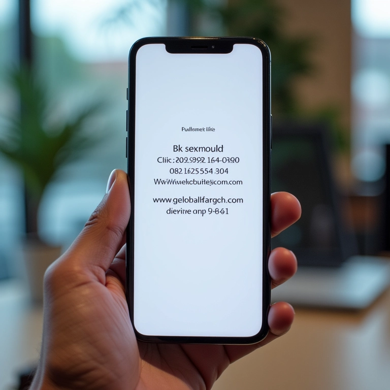 Smartphone exibindo informações de contato, incluindo número de telefone e e-mail.