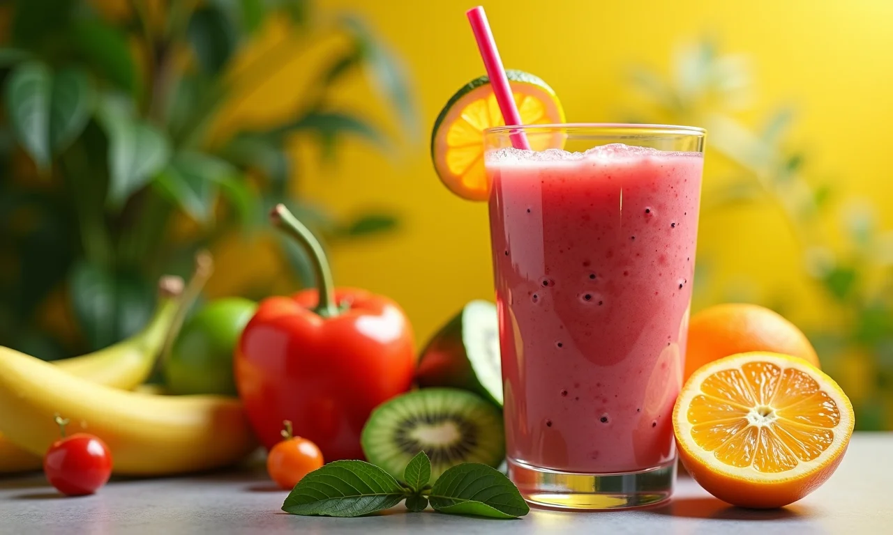 Smoothie energético de frutas e vegetais, uma opção refrescante e nutritiva para o café da manhã.