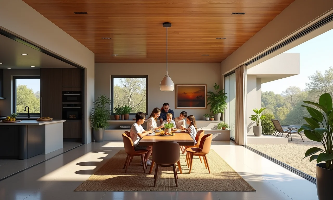 Sobradinho com ambientes integrados, sala de estar e jantar conectados.