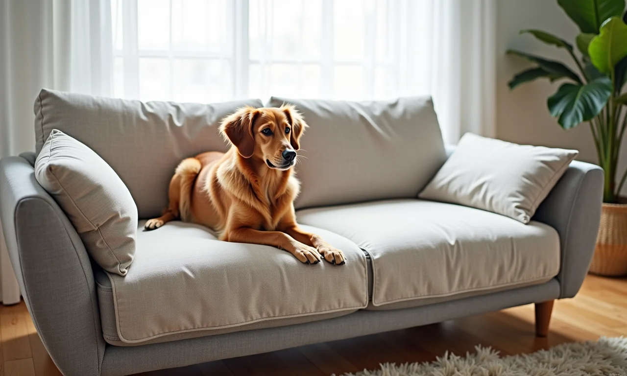 Sofá com capa resistente a animais de estimação e um gato relaxando.