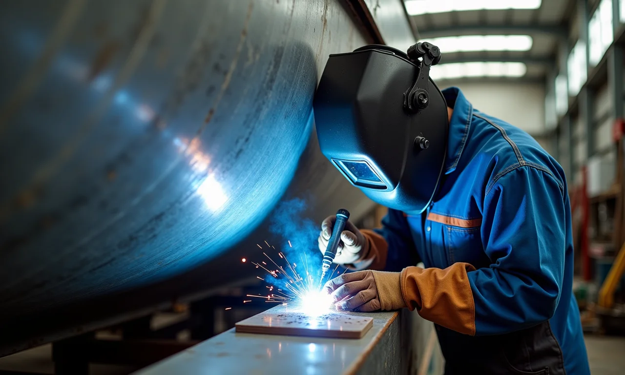 Soldador experiente soldando casco de barco de chapa galvanizada.