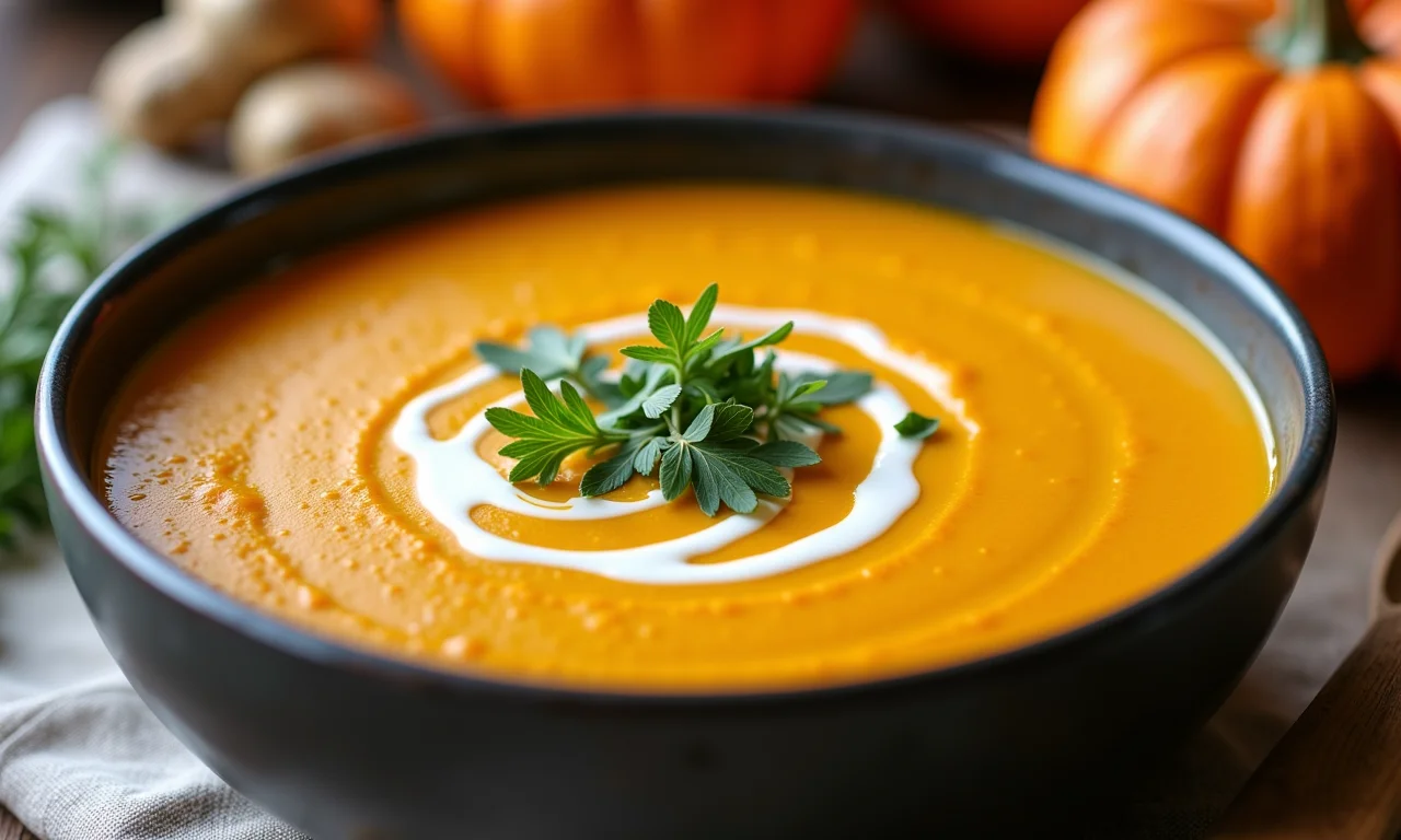 Sopa creme de abóbora com gengibre em uma tigela.