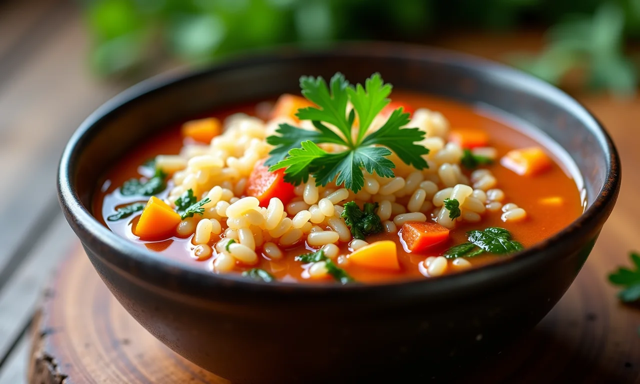 Sopa de arroz nutritiva com legumes e ervas frescas.