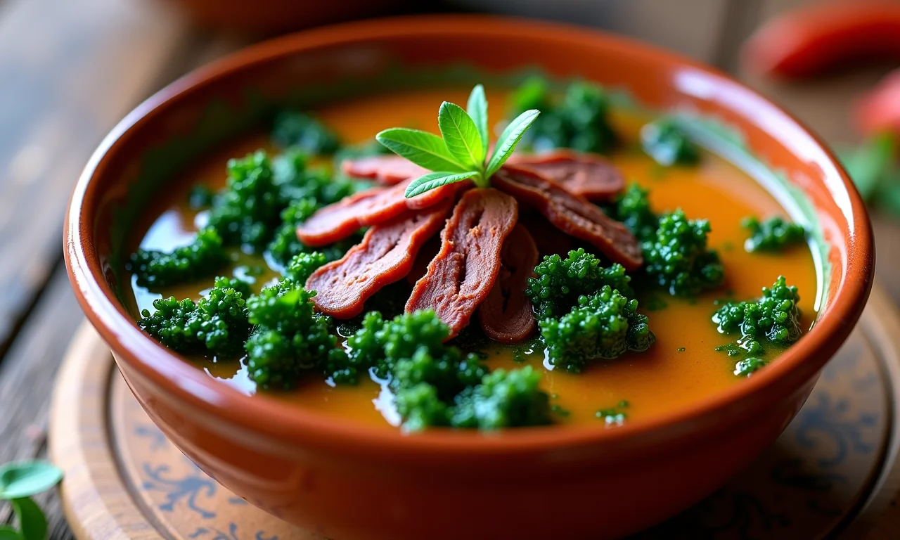 Sopa de couve com carne seca em cumbuca de cerâmica