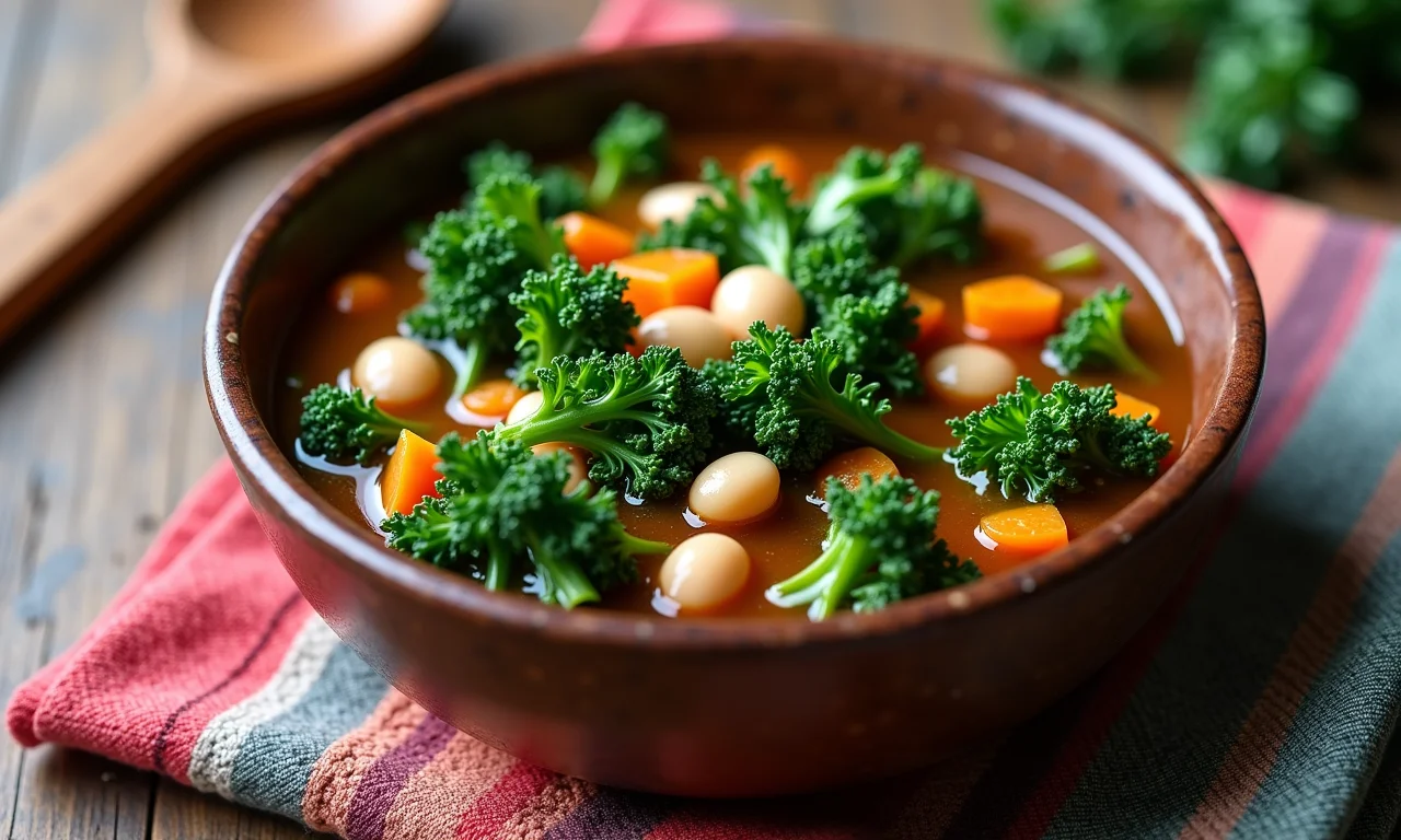 Sopa de couve com feijão em tigela rústica