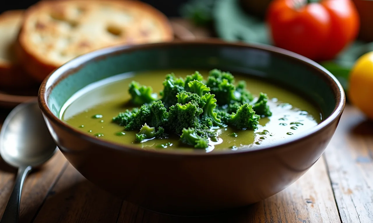 Sopa de couve tradicional servida com pão rústico