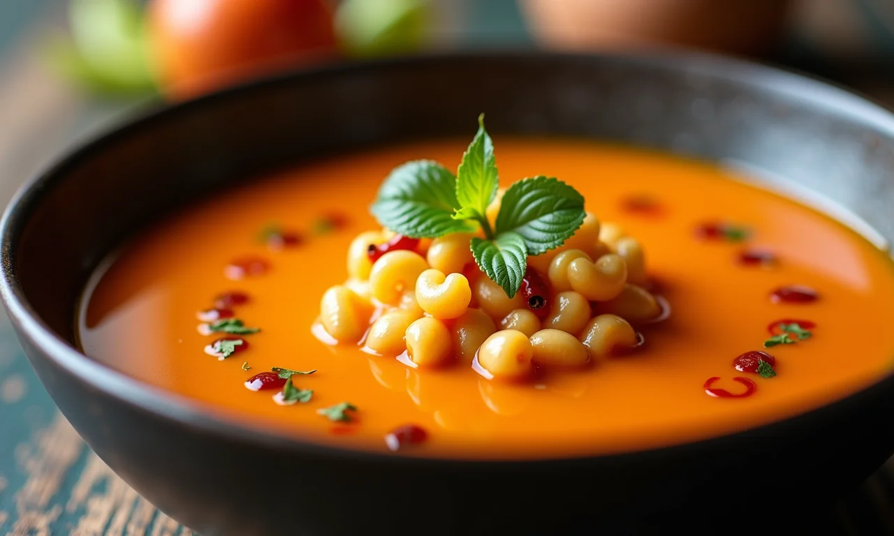 Sopa de macarrão com feijão com um toque de pimenta.