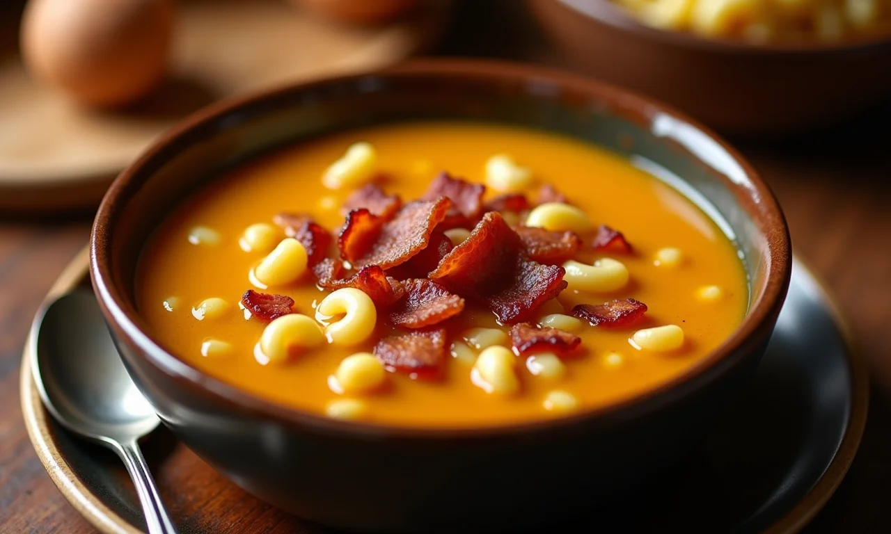 Sopa de macarrão com feijão e bacon.