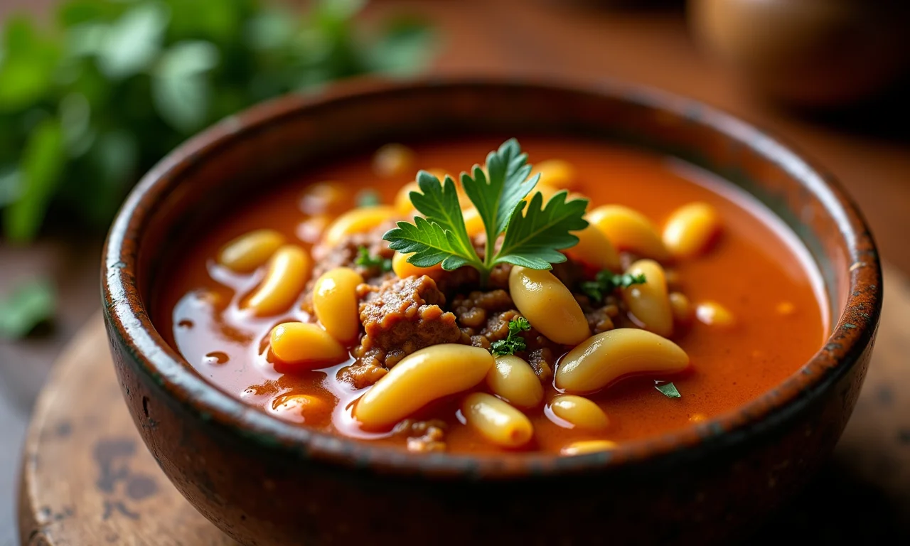 Sopa de macarrão com feijão e carne seca.