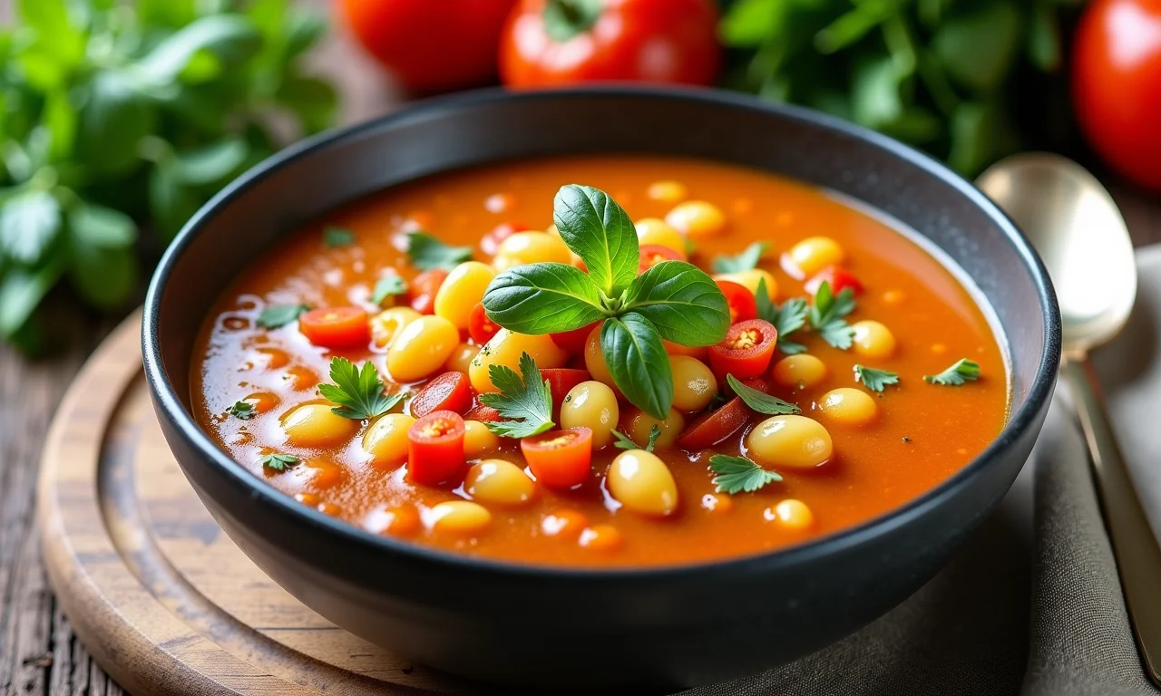 Sopa de macarrão com feijão e legumes.