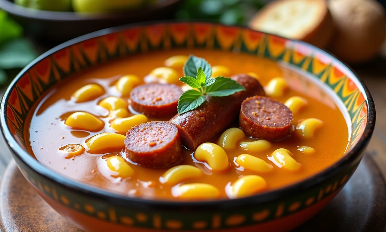 Sopa de macarrão com feijão e linguiça calabresa.