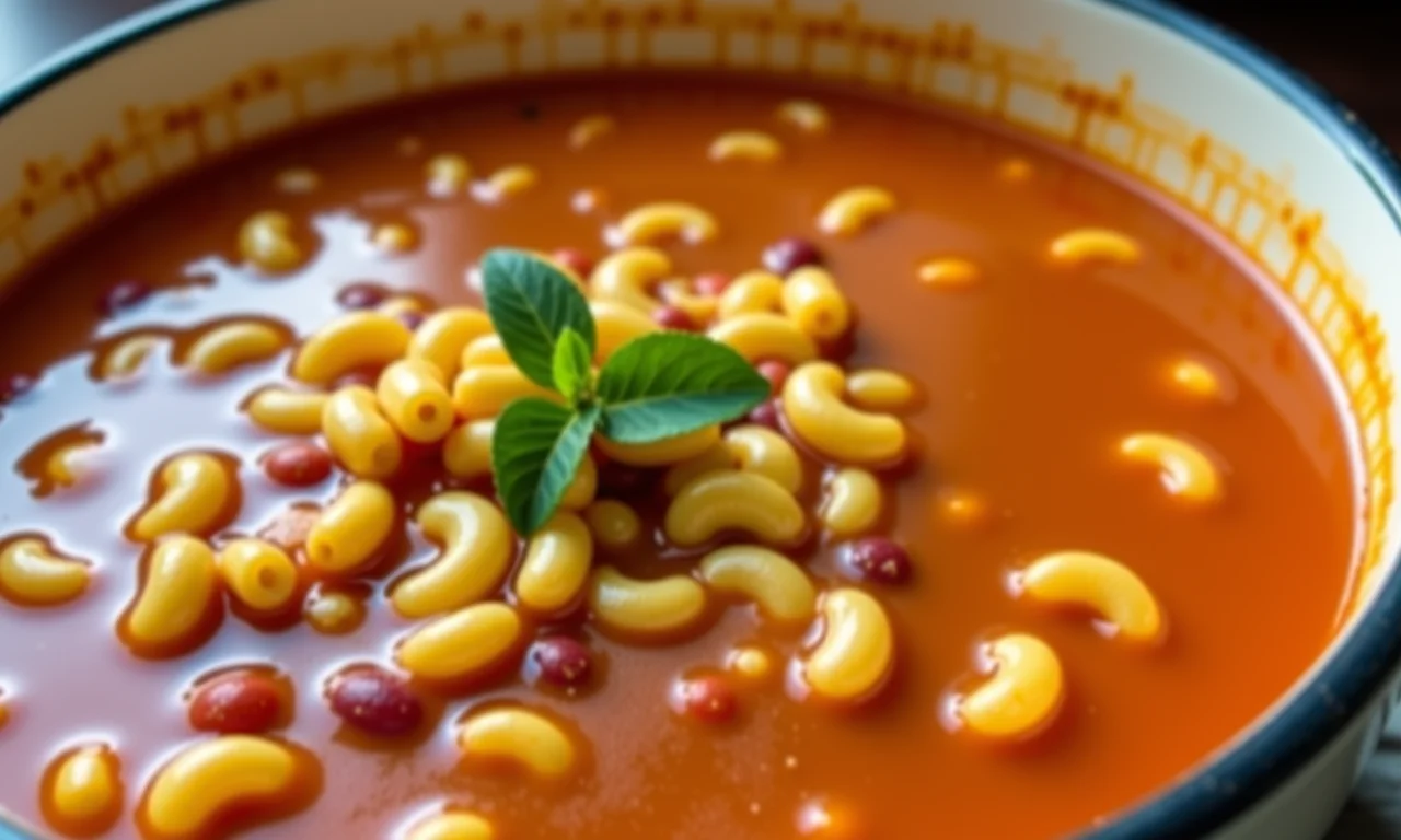 Sopa de macarrão com feijão feita com feijão enlatado.