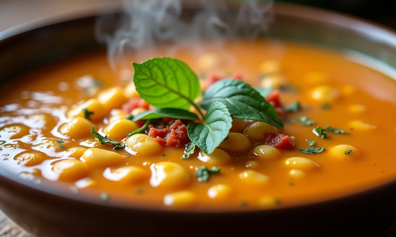 Sopa de macarrão com feijão temperada com ervas e especiarias.