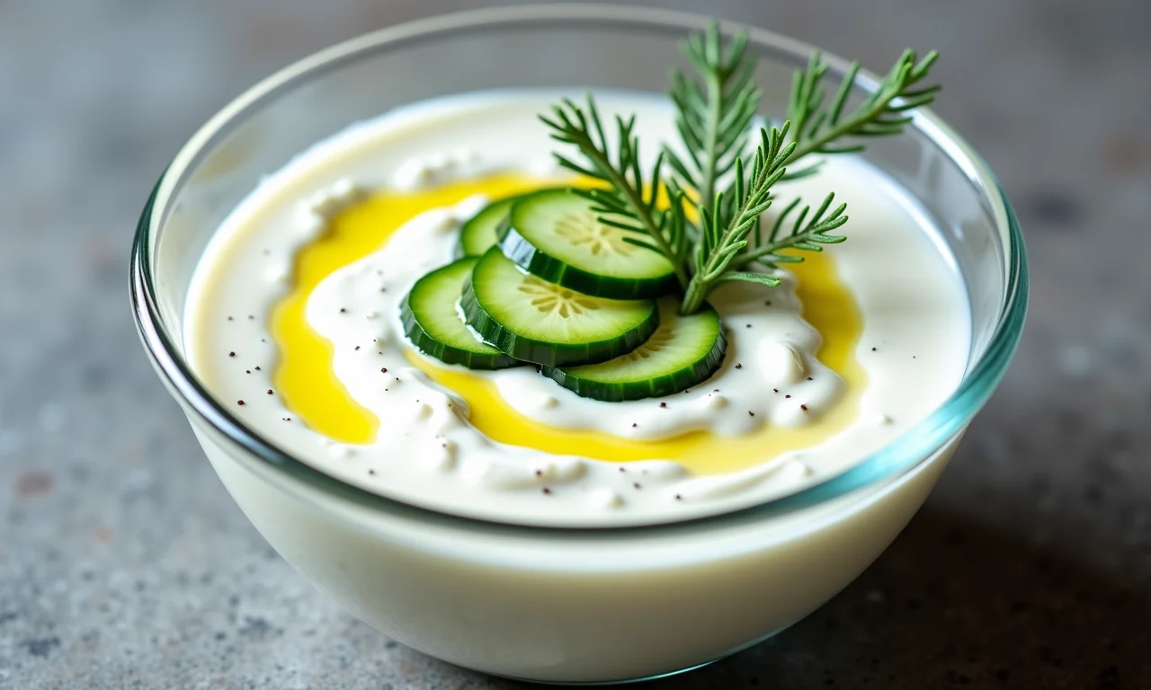 Sopa fria de pepino com iogurte em tigela de vidro.