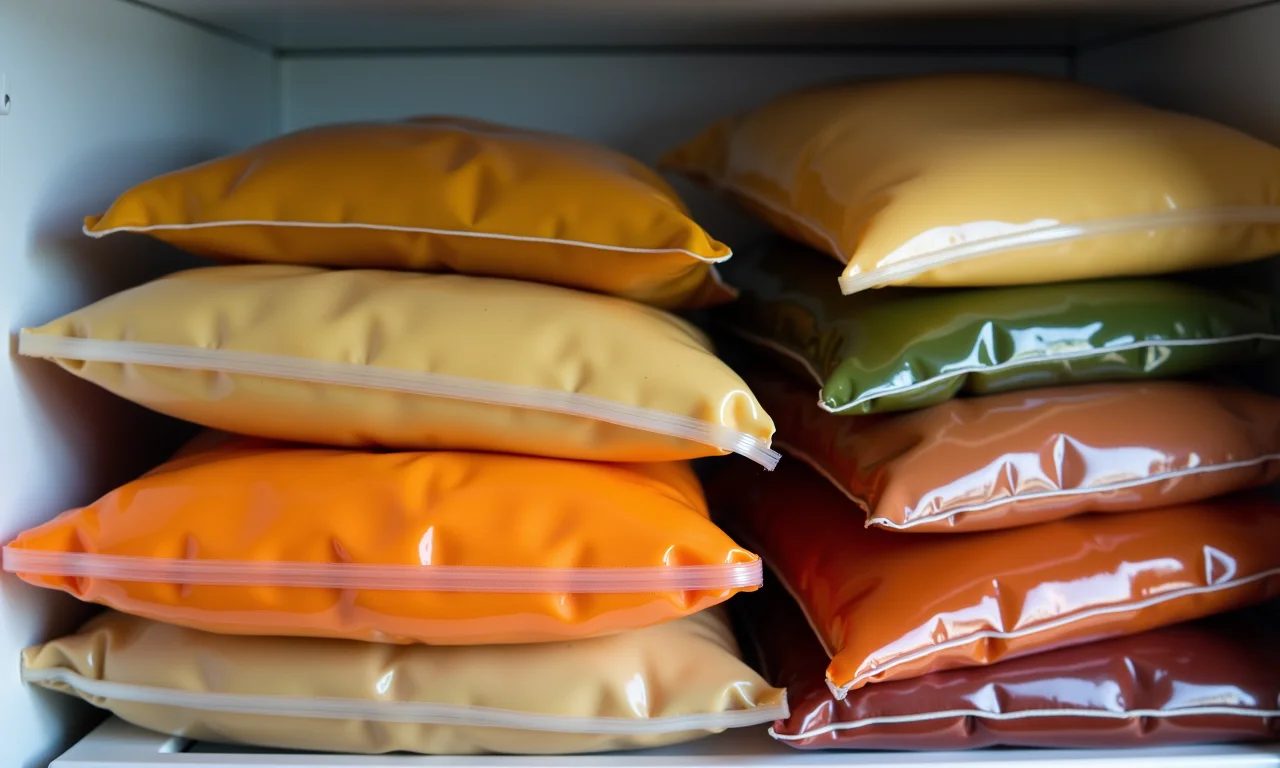 Sopas e caldos caseiros congelados em sacos, prontos para o consumo.