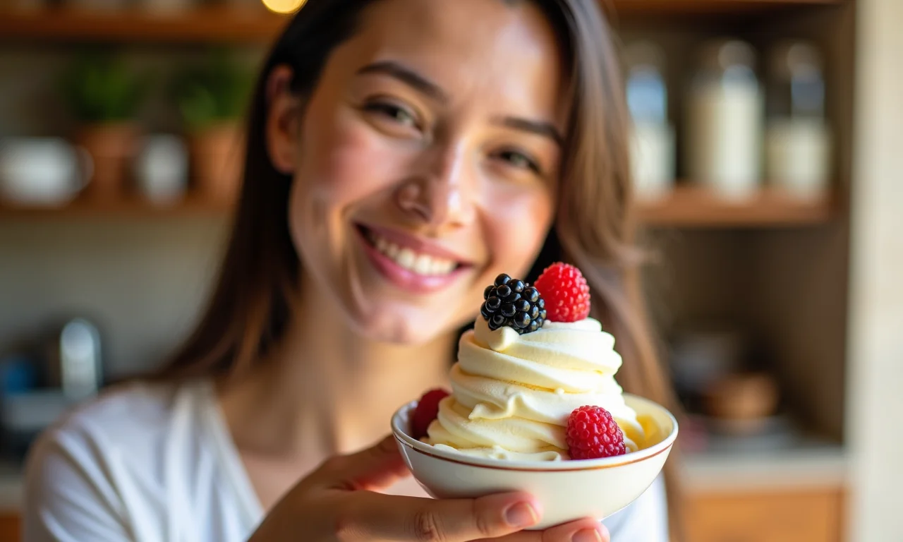 Sorvete artesanal de butiá com frutas frescas.
