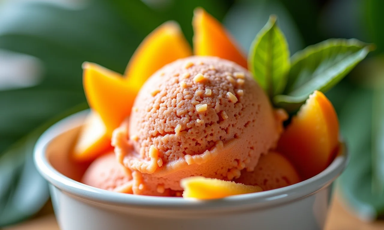 Sorvete vegano de seriguela com pedaços de fruta.