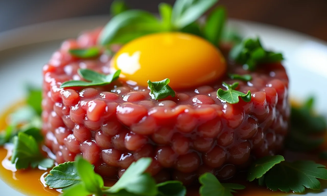 Steak tartare clássico francês, com gema de ovo e ervas frescas.