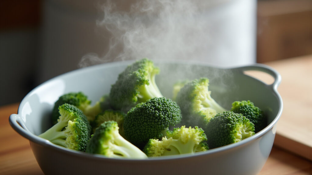 Brócolis cozinhando no vapor com tempo de cozimento ideal.