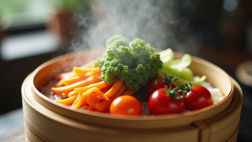 Legumes frescos cozidos no vapor em cesto de bambu.