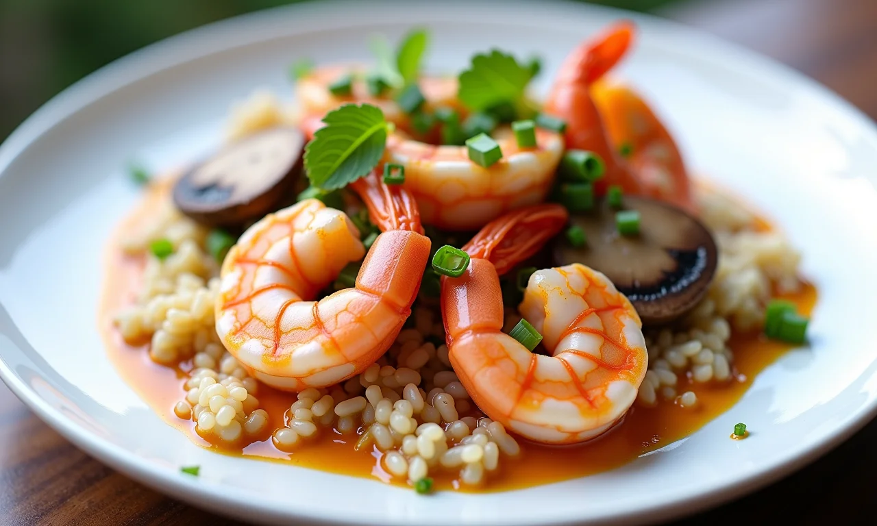 Strogonoff de camarão com cogumelos frescos e páprica.