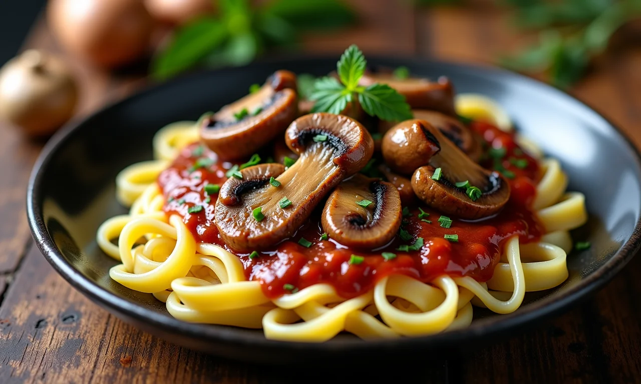 Strogonoff de carne com cogumelos frescos e páprica servido com macarrão.