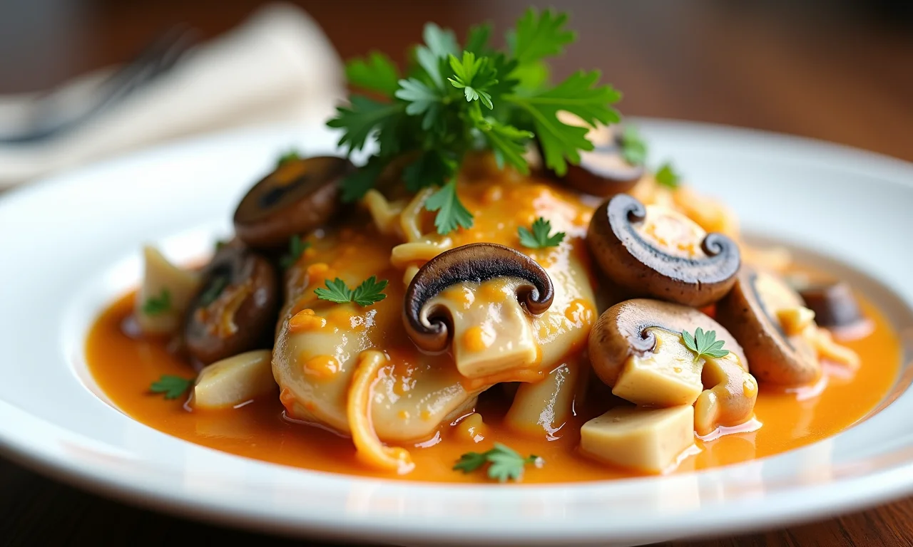 Strogonoff de frango com cogumelos frescos e páprica em um prato branco.