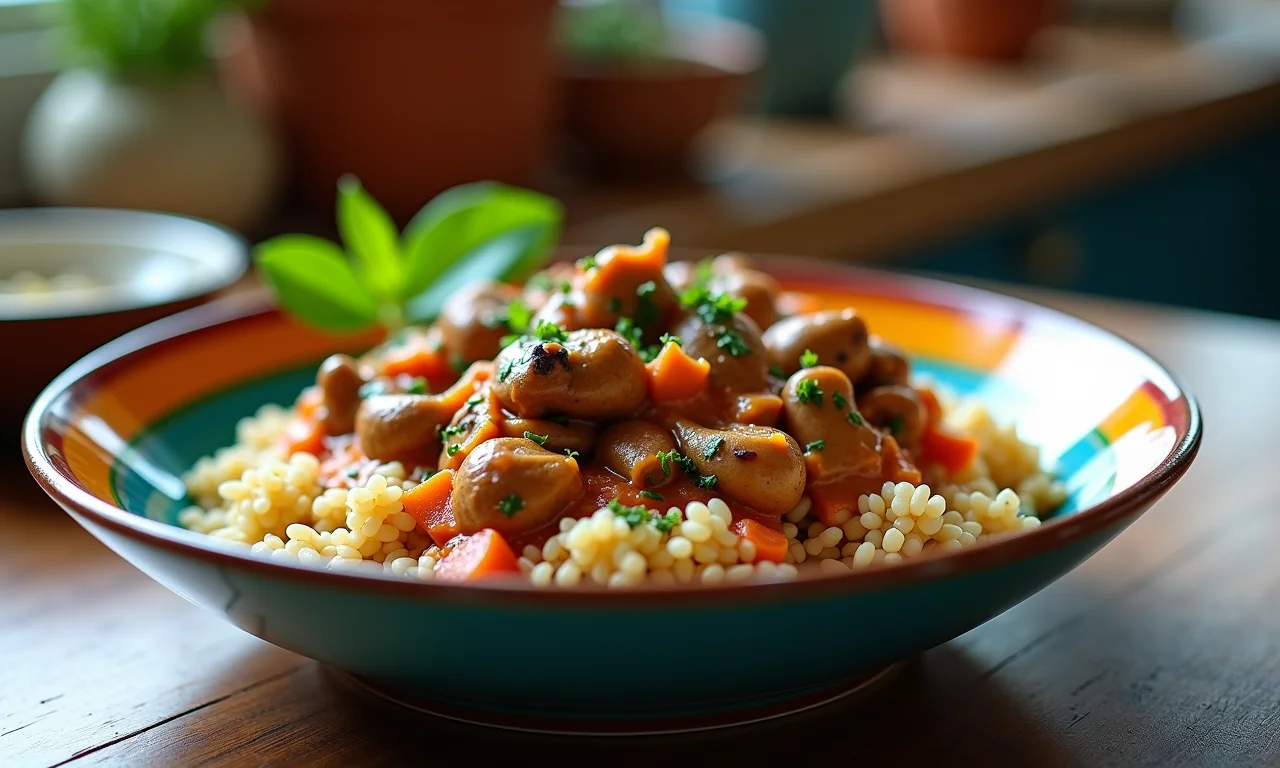 Strogonoff vegano com cogumelos frescos e páprica em tigela colorida.