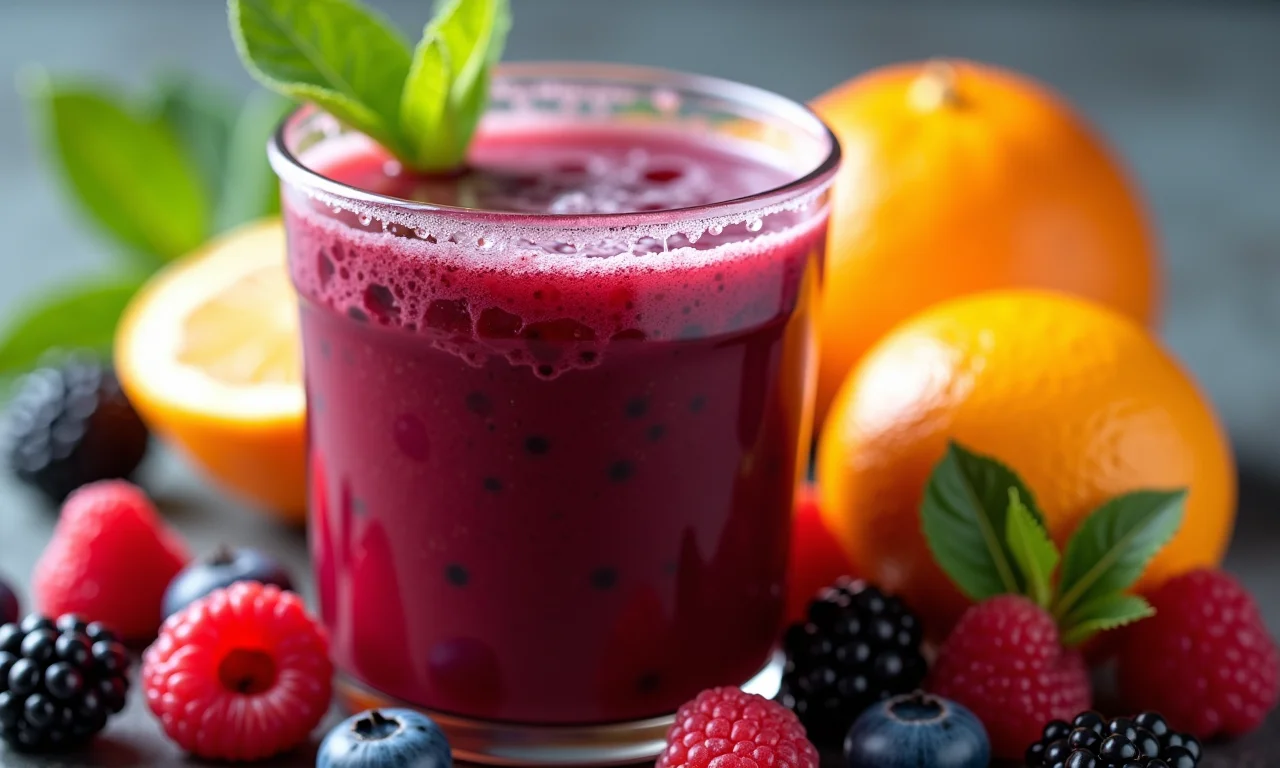 Suco antioxidante com frutas cítricas e vermelhas para imunidade.