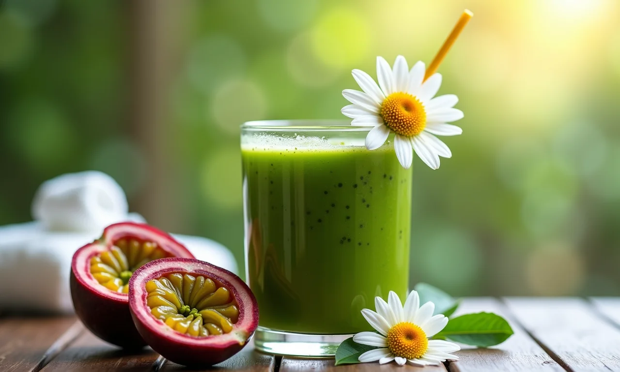 Suco calmante com camomila e maracujá para relaxar.