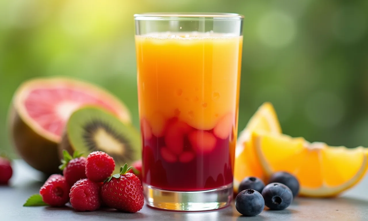 Suco colorido com diferentes camadas de frutas, equilibrando sabores.