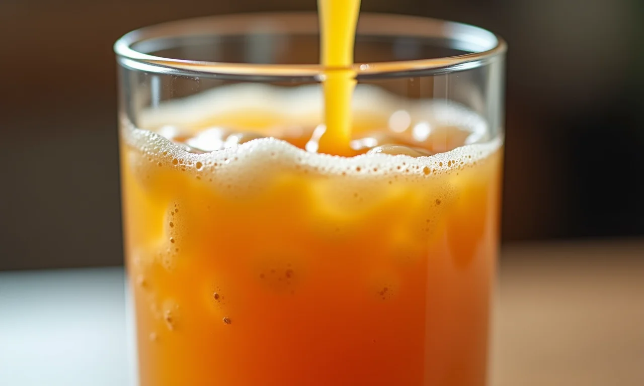 Suco cremoso sendo servido, com foco na textura aveludada.