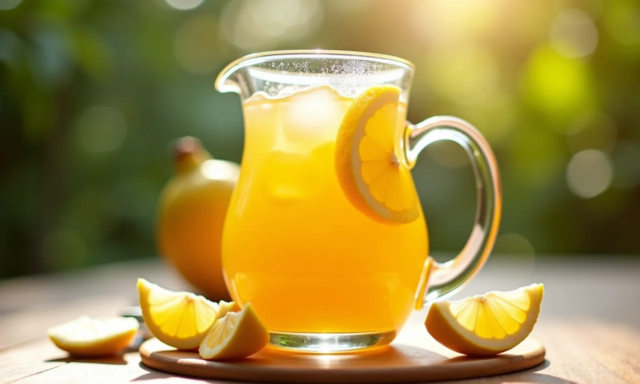Suco de butiá refrescante com gelo e fatias da fruta.