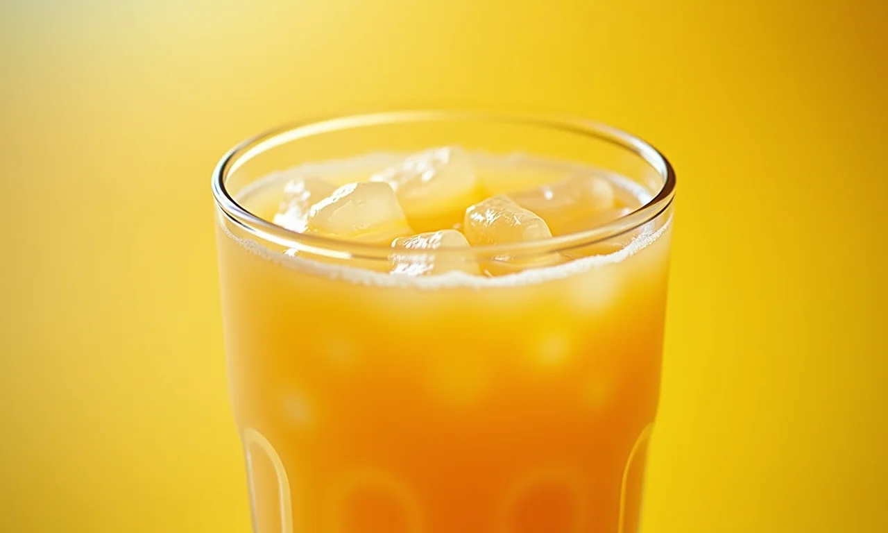 Suco de cajá cremoso com gelo em copo.