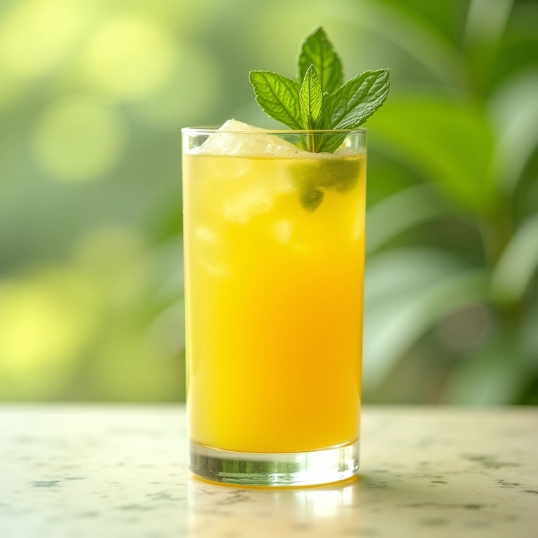 Suco de cajarana com folhas de hortelã em um copo.