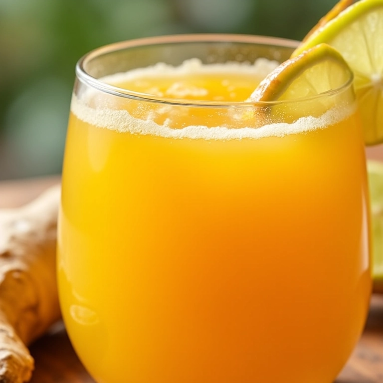Suco de cajarana com gengibre em um copo de vidro.