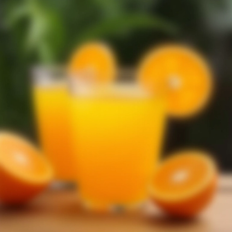 Suco de cajarana com laranja decorado com uma fatia de laranja.