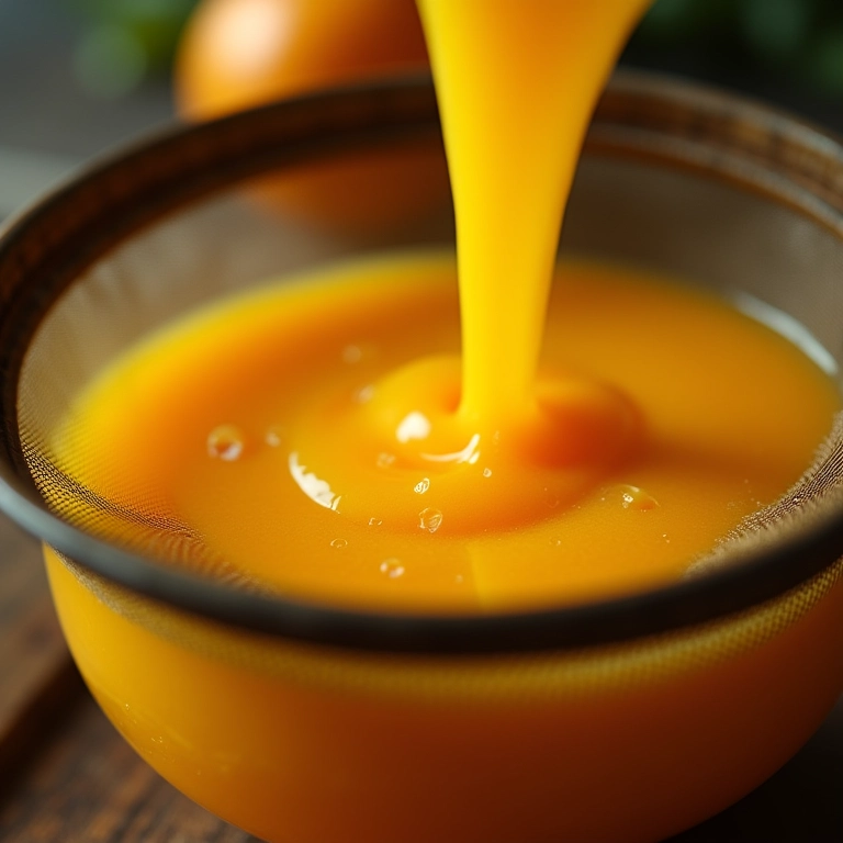 Suco de cajarana sendo coado em uma peneira.