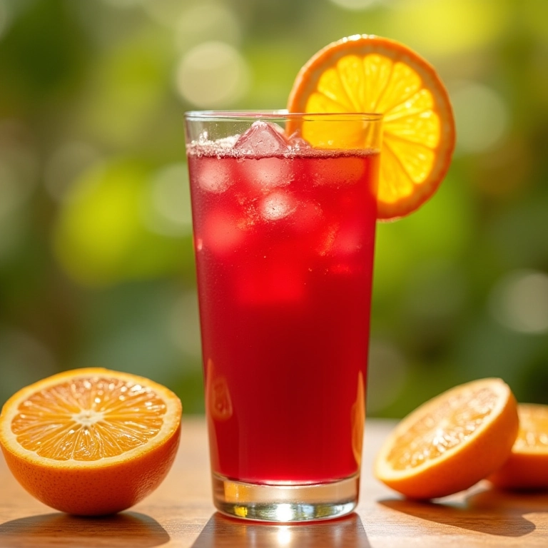 Suco de cranberry com fatias de laranja em mesa ensolarada.