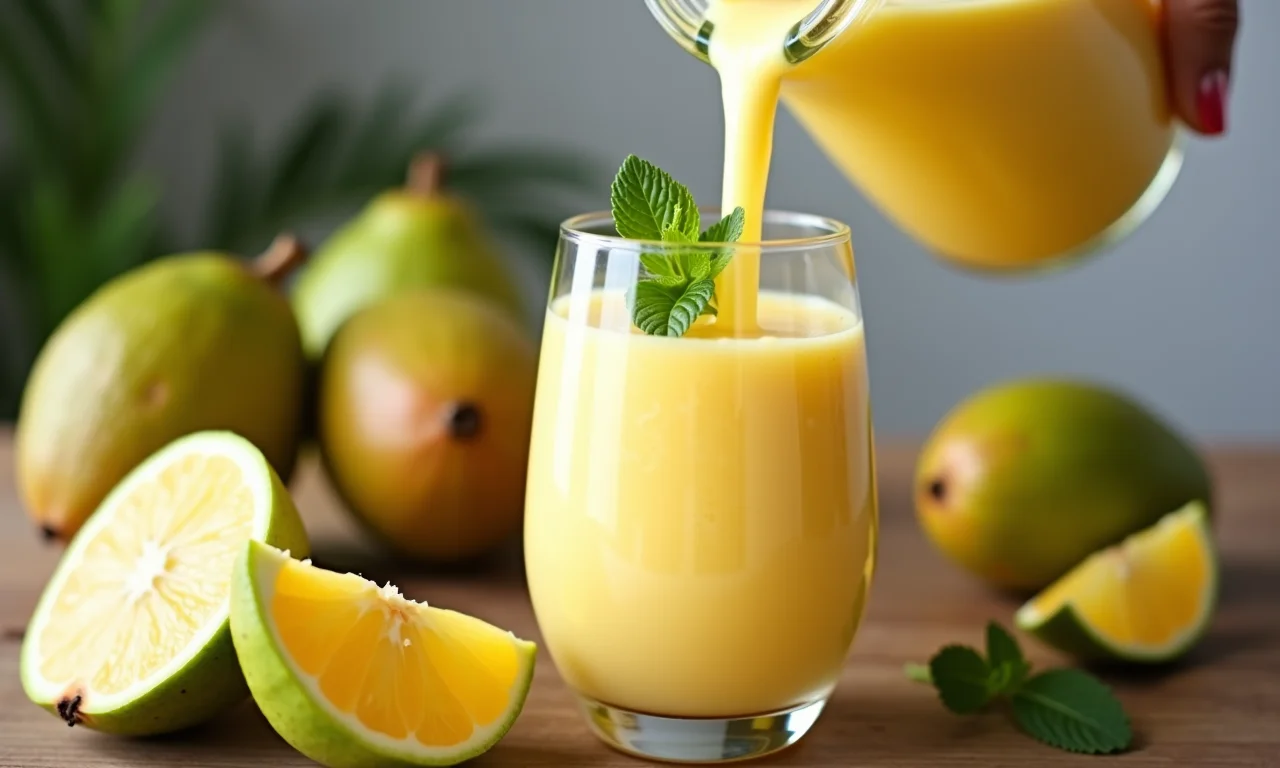 Suco de graviola cremoso sendo servido em um copo com decoração de hortelã.