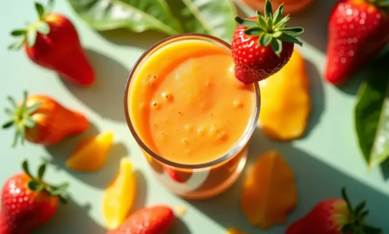 Suco de seriguela cremoso em um copo, com frutas frescas ao redor.