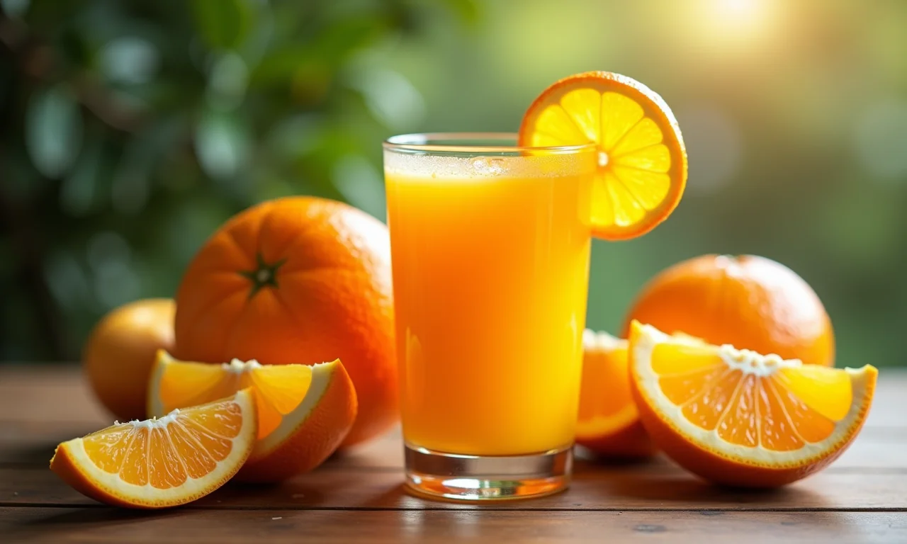 Suco energético de laranja com fatias de frutas, iluminação natural.