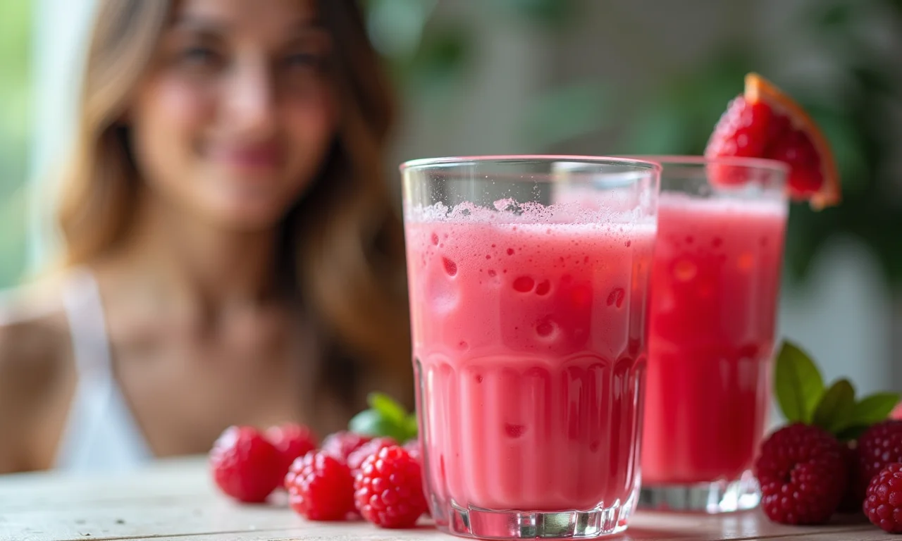 Suco rosa com frutas vermelhas para uma pele radiante.