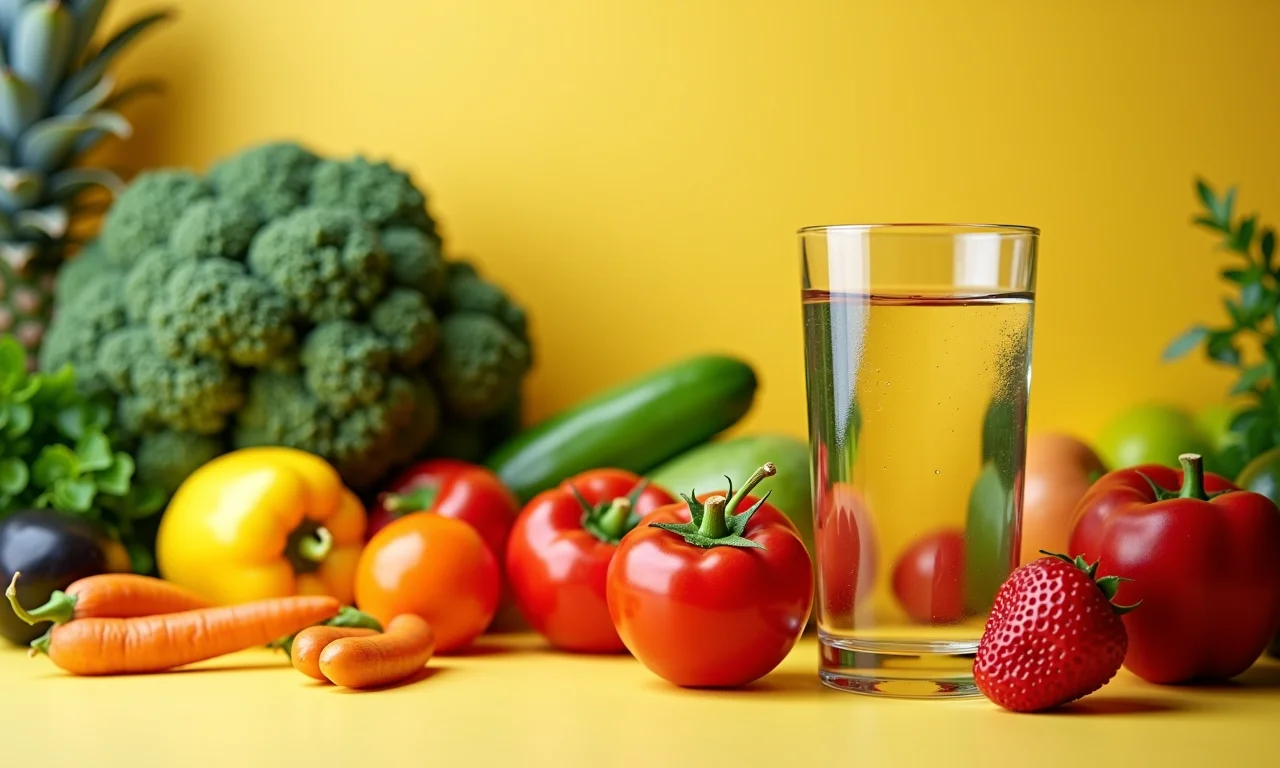 Sugestão de refeição leve com frutas, vegetais e água.