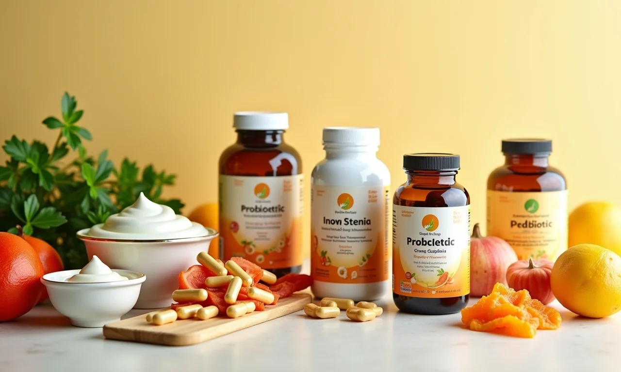 Suplementos probióticos e alimentos ricos em probióticos, como kimchi e iogurte.