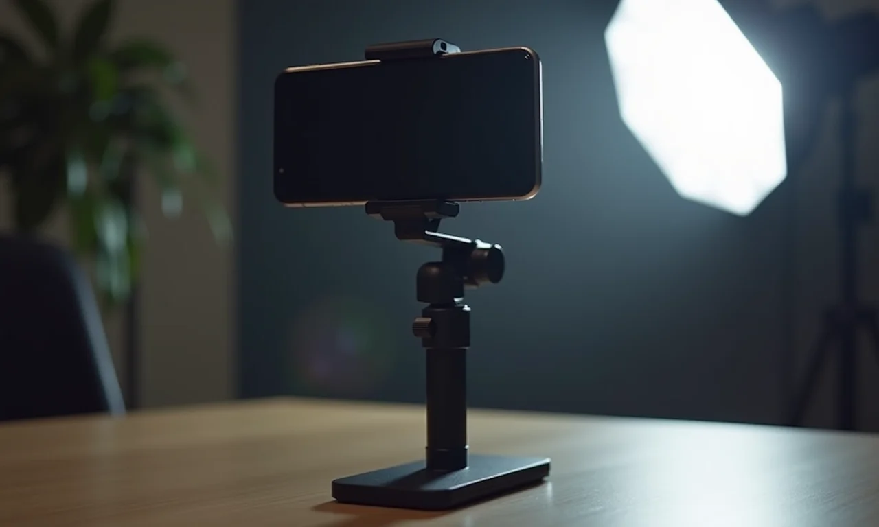Suporte de celular com ângulo ajustável em estúdio.