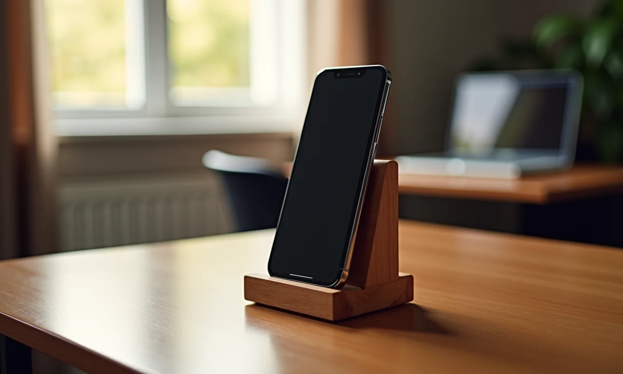 Suporte de celular de madeira em mesa elegante.