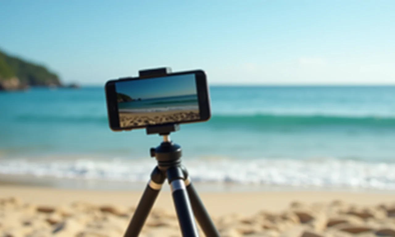 Suporte de celular filmando praia brasileira.