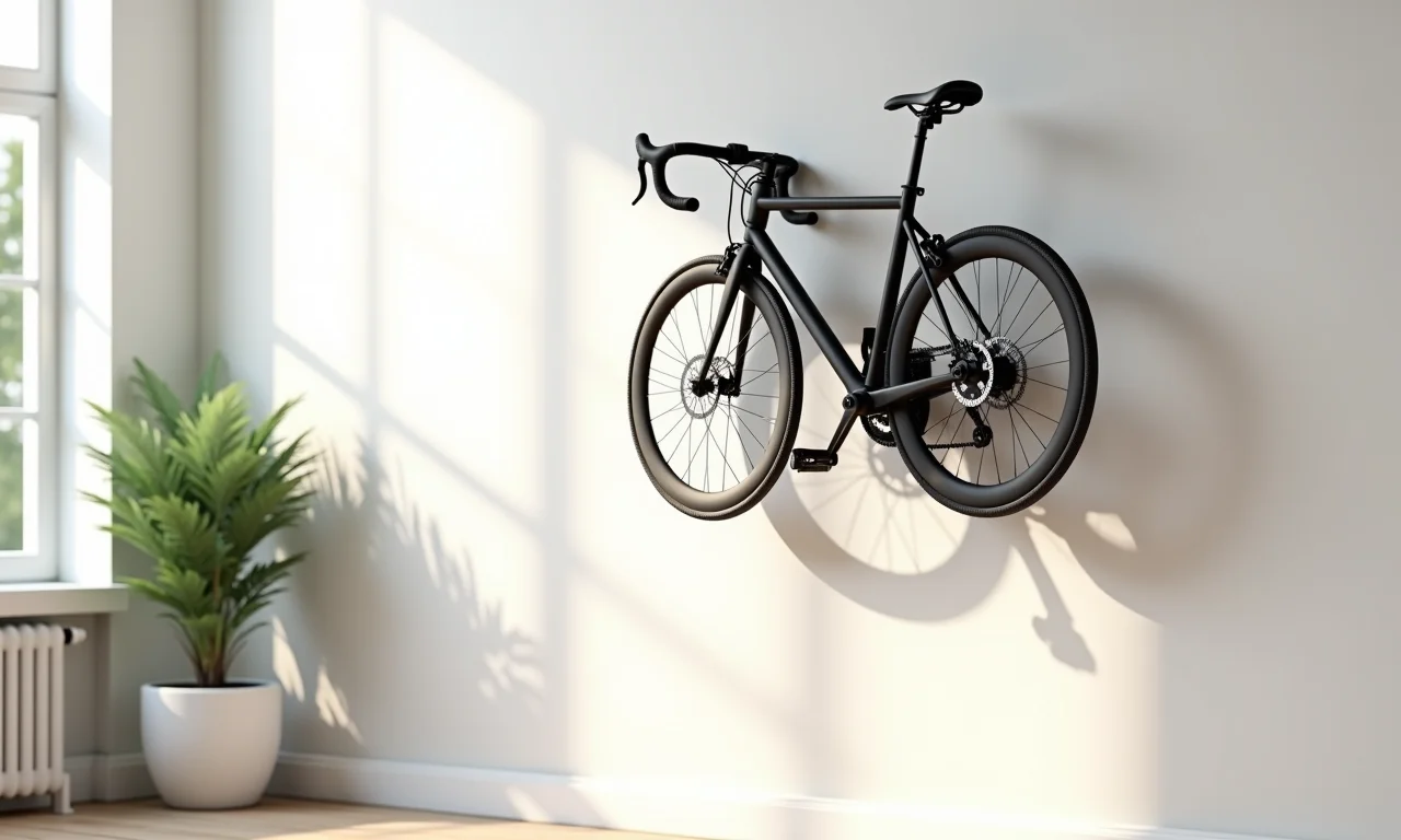Suporte de parede moderno para bicicleta em ambiente minimalista.
